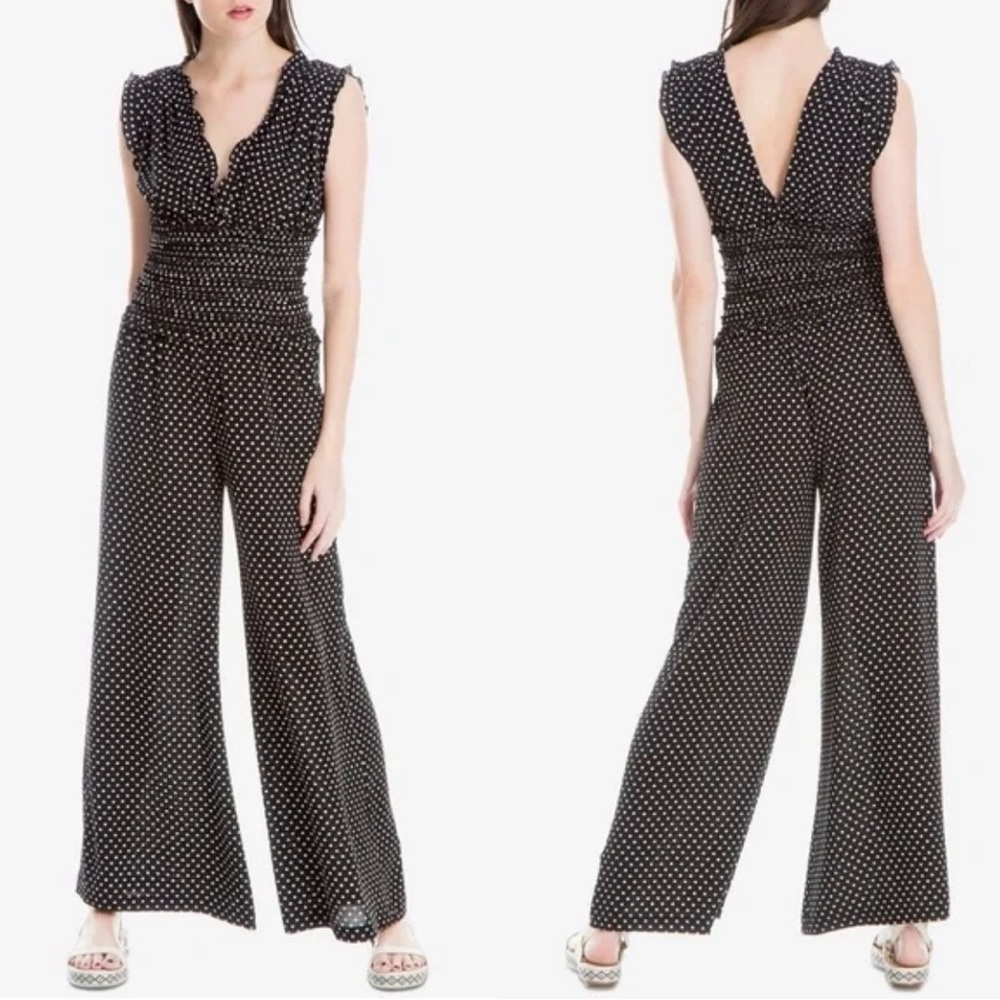 MAX STUDIO | Black with White Polka Dots Smocked Waist Jumpsuit size XS {NEW}